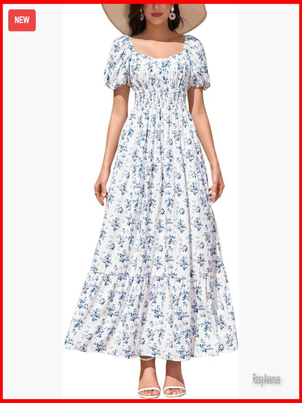 Puff Sleeve Maxi Dress Flowy A-Line Tiered Wedding Guest Beach